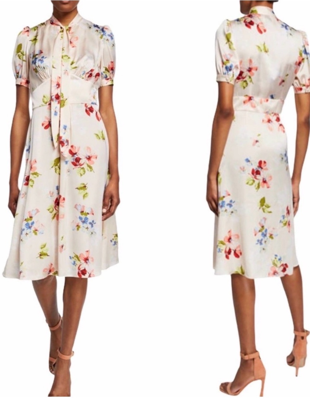 Jill Jill Stuart NWT size 2 Floral Satin Midi Dress Tie Neck Puff Sleeves